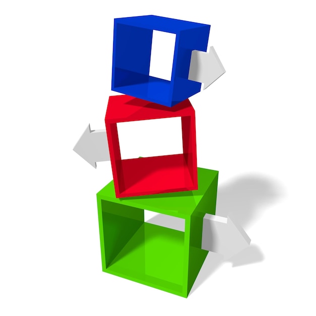 Three cubes and arrows on white background 3D illustration