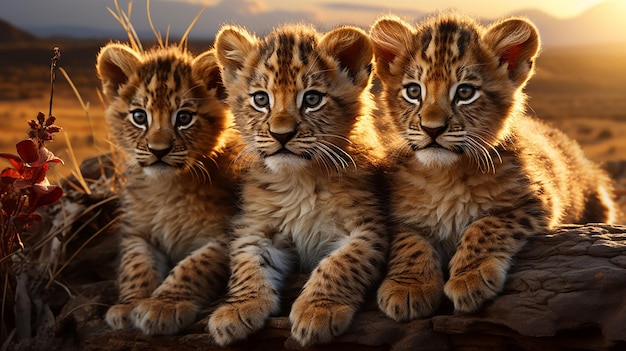 Три детеныша тигра сидят вместе.