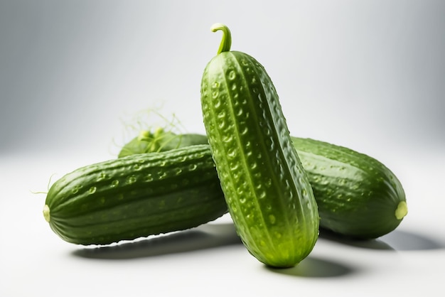 Three cucumbers are on a white surface.