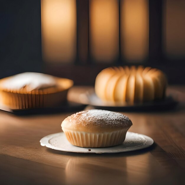 テーブルの上に3つのカップケーキがあり、そのうちの1つは