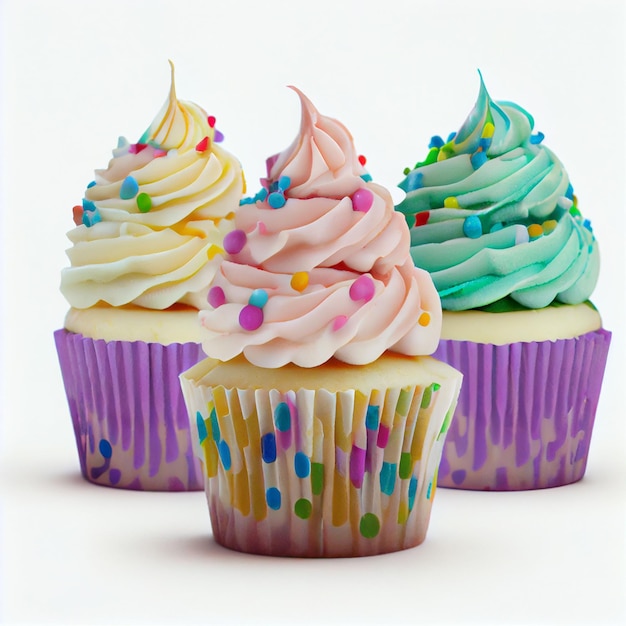 Three cupcakes with pink frosting and colorful sprinkles.