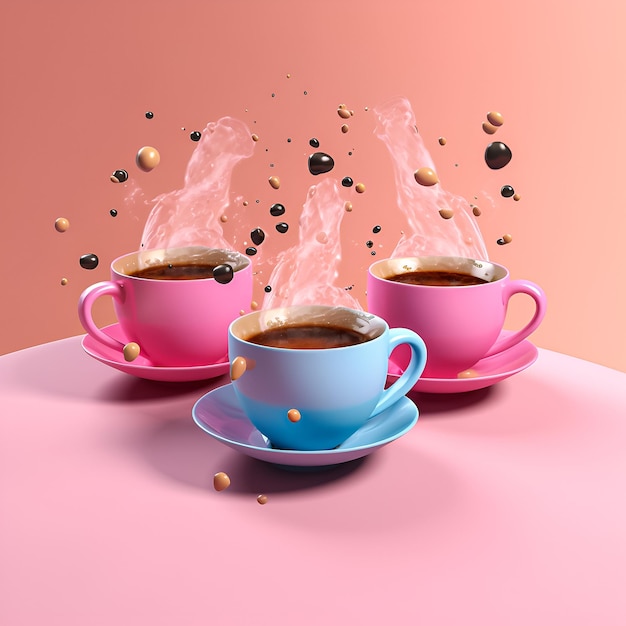 Три чашки кофе стоят на розовом столе с брызгами воды и розовым фоном.