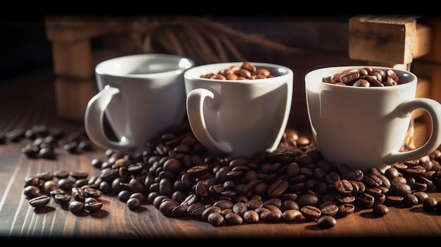 Three cups of coffee with coffee beans on a table