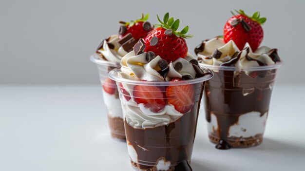 Three cups filled with layered chocolate and strawberry topped with whipped cream chocolate drizzle