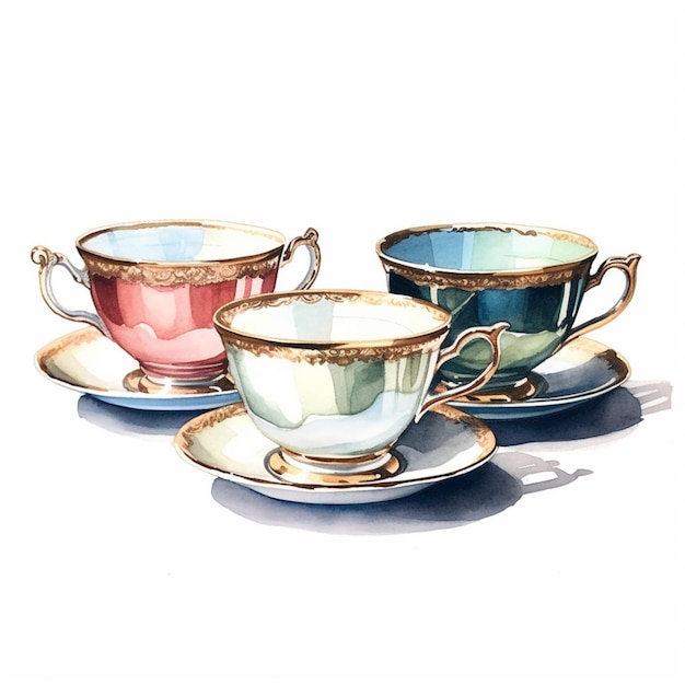 Three cups and saucers are sitting on a saucer generative ai