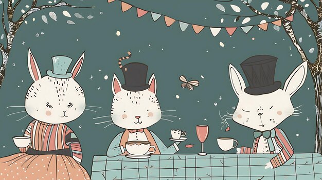 Three cute animals are having a tea party in the woods