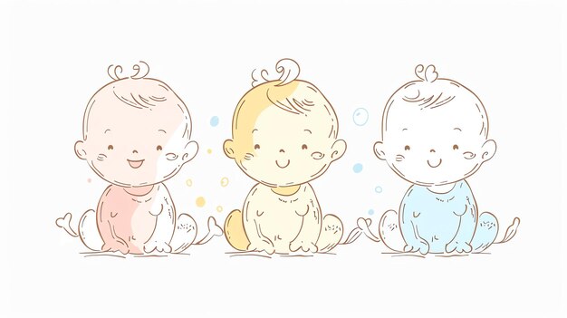 사진 세 명의 귀여운 아기가 줄지어 앉아 있습니다. 아기들은 모두 기저귀를 입고 있으며 얼굴에 행복한 표정을 가지고 있습니다. 배경은 색입니다.