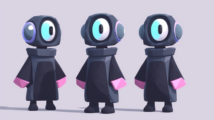 Photo three cute cartoon robots with black bodies pink arms and large blue eyes