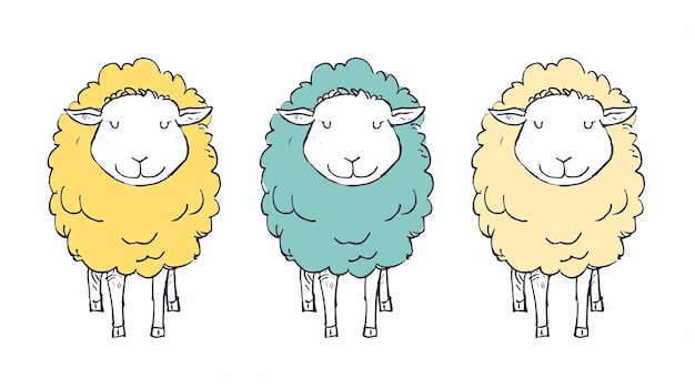 Foto tre caricature di pecore di colori diversi in fila