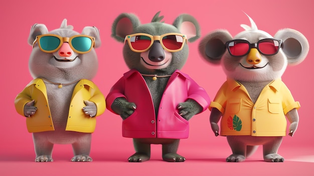 Photo three cute and cuddly koalas are standing in a row all wearing different colored sunglasses and jackets