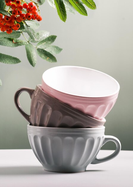 3つの可愛い空のセラミックコーヒーカップ パステル色とローワンブランチ