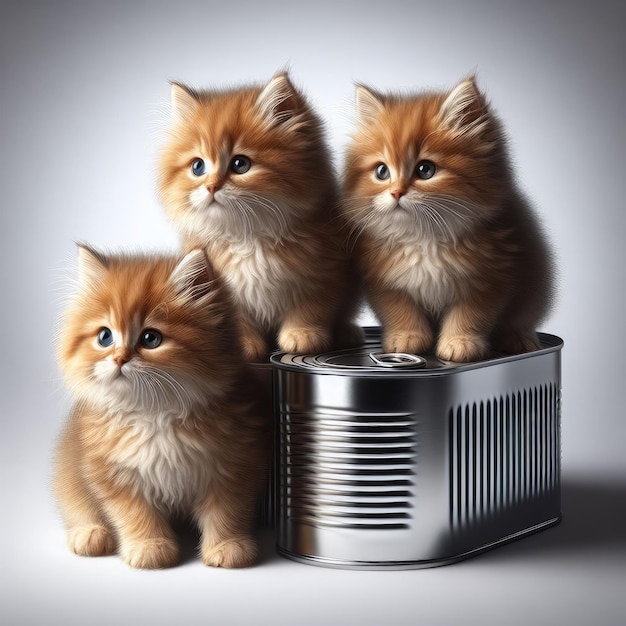 Three cute fluffy kittens sitting near an unlabelled tin can on a white background