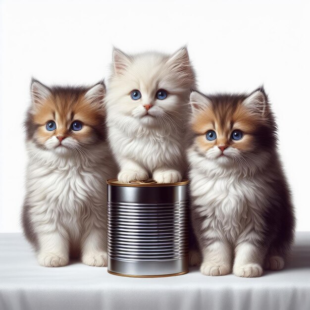 Three cute fluffy kittens sitting near an unlabelled tin can on a white background