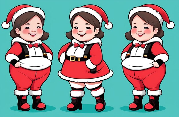 Three cute funny girls in Santa outfit illustration on a green background