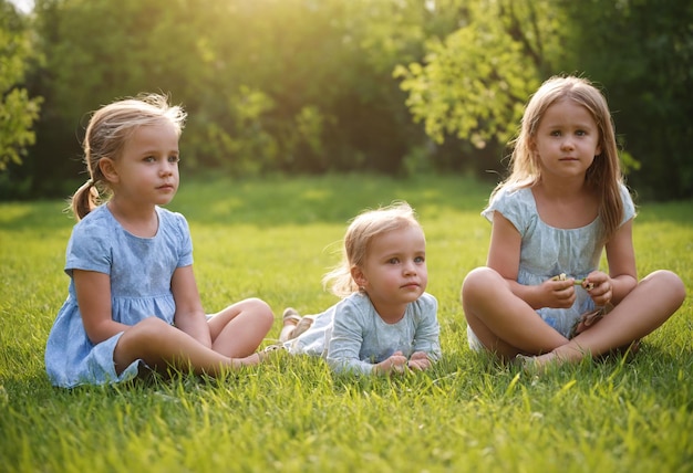 Three cute girl children playing in field