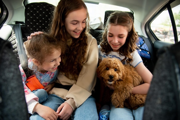 Three cute girls and dog in the car