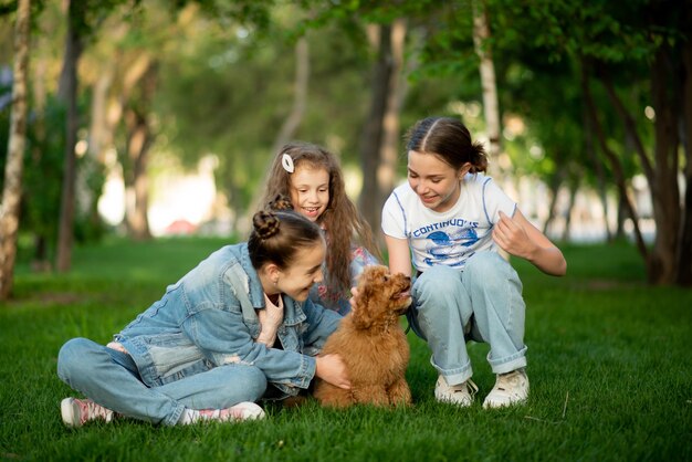 Three cute girls on a walk with a dog toy poodle.