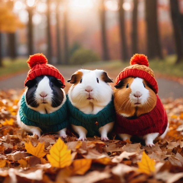 Three cute guinea pigs in cozy fall outfits wearing sweaters and hats