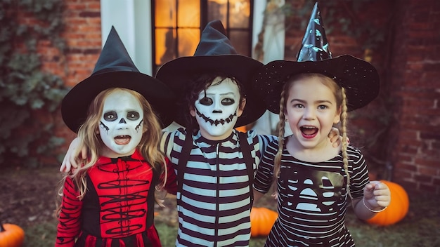 古い家のハロウィーンパーティーで恐ろしい衣装を着た3人の可愛い子供たちハロウィーンのコンセプト