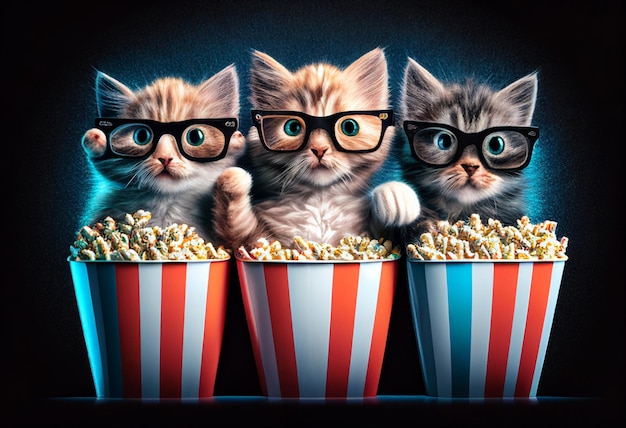 Three cute kittens in 3D glasses are sitting in the cinema with large glasses of popcorn