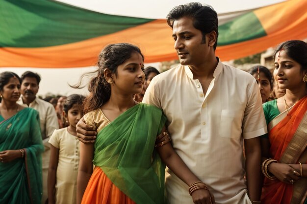 Foto tre carini ragazzini indiani di religioni diverse che tengono e sventolano la bandiera tricolore vicino al parco con