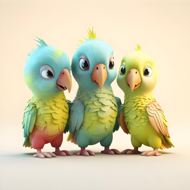 사진 밝은 배경 3d 렌더링에 귀여운 앵무새 세 마리