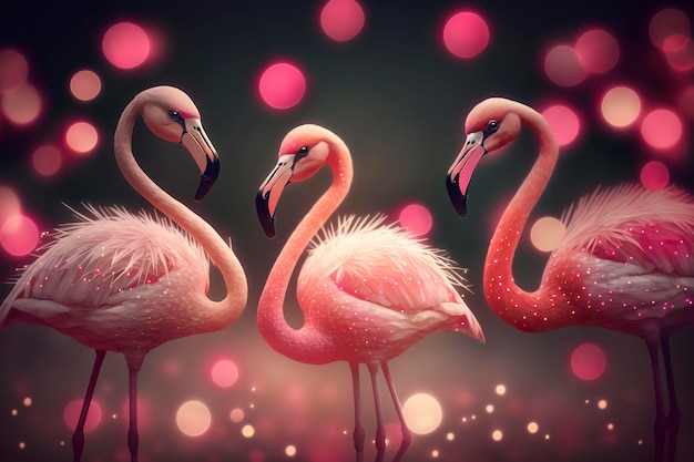 Three cute pink flamingos Generative Ai