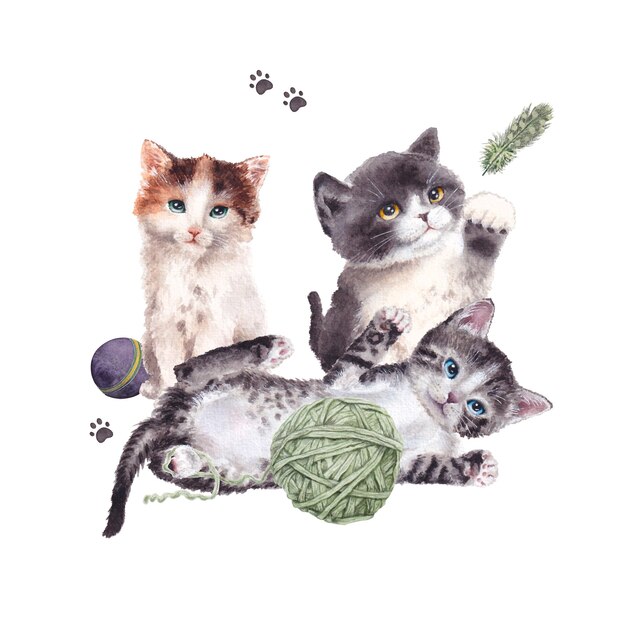 Photo three cute playing kittens with a ball of wool a little ball and a feather isolated on white background watercolor illustration for print design or postcards