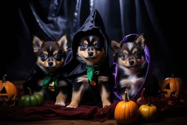 Three cute puppies in Halloween decorations wearing scary costumes