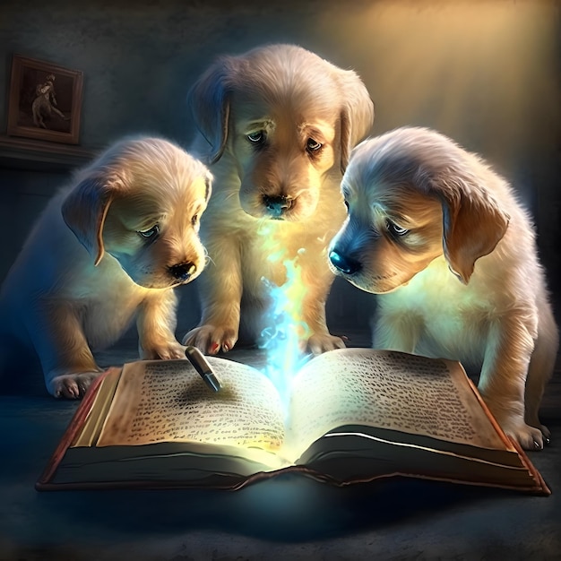 Three cute puppies reading magic book about bedtime stories