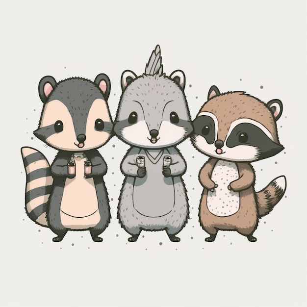 Three cute raccoons are standing next to each other generative ai