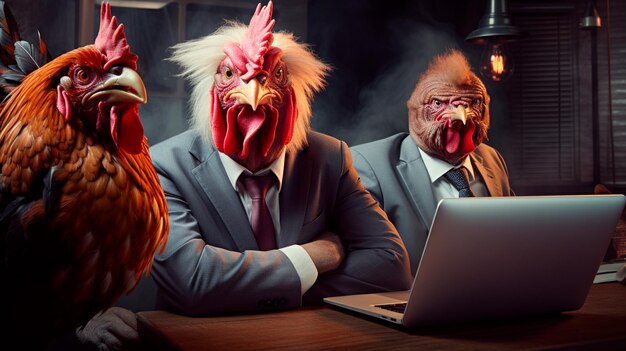 Three cute rooster with a laptop on wooden background