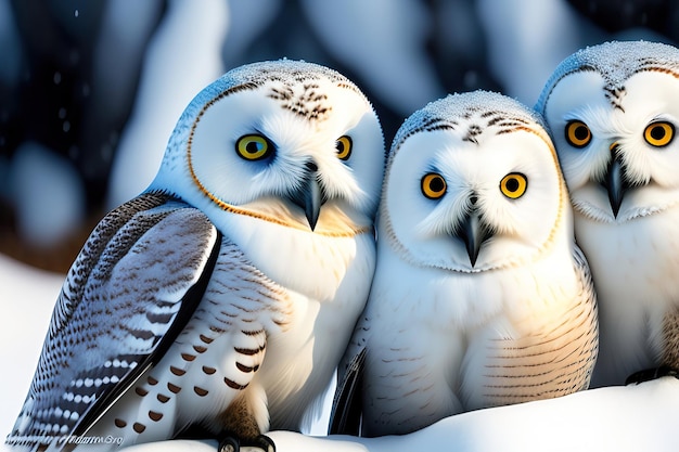 Three cute snowy owl chicks snuggled up to each other looking at the camera