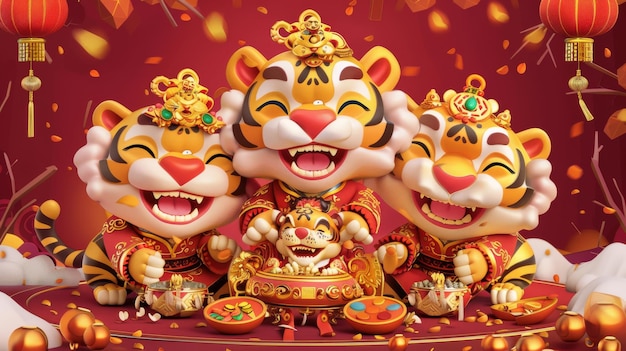 Photo three cute tigers in chinese costumes and fortune symbols are included in the 2022 year of the tiger graphics pack