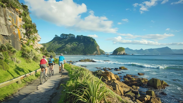 세 명의 자전거 타는 사람들이 은 날 해안 경로를 따라 달린다. 바다는 그들의 오른쪽에 있고 왼쪽에는 바위 절벽이 있다.