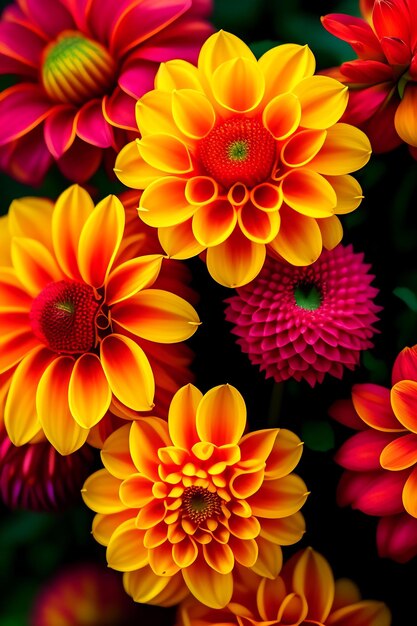 Three dahlia blooming flowers closeup of floral garden red yellow and orange petals