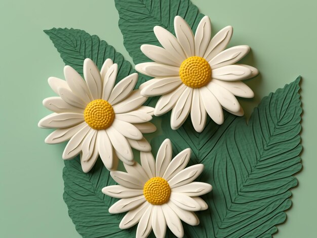 Three daisies are on a green background.