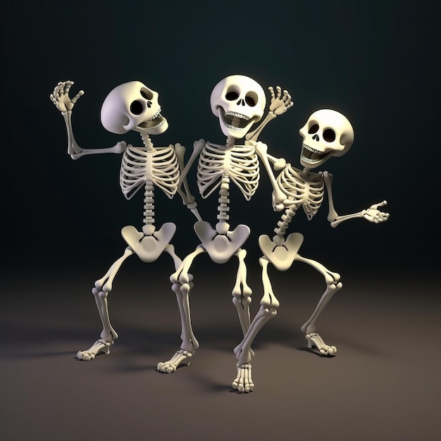 Three dancing white skeletons isolated on a black background