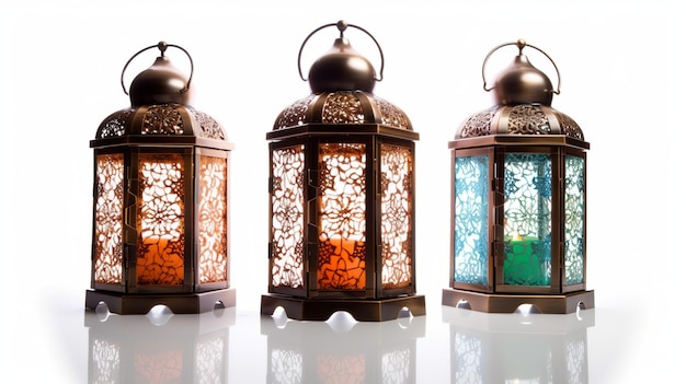 Три декоративных фонаря изолированы на белом Generative Ai
