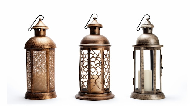 Three decorative lanterns isolated on white Generative Ai