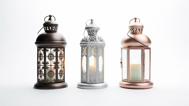 Three decorative lanterns isolated on white Generative Ai