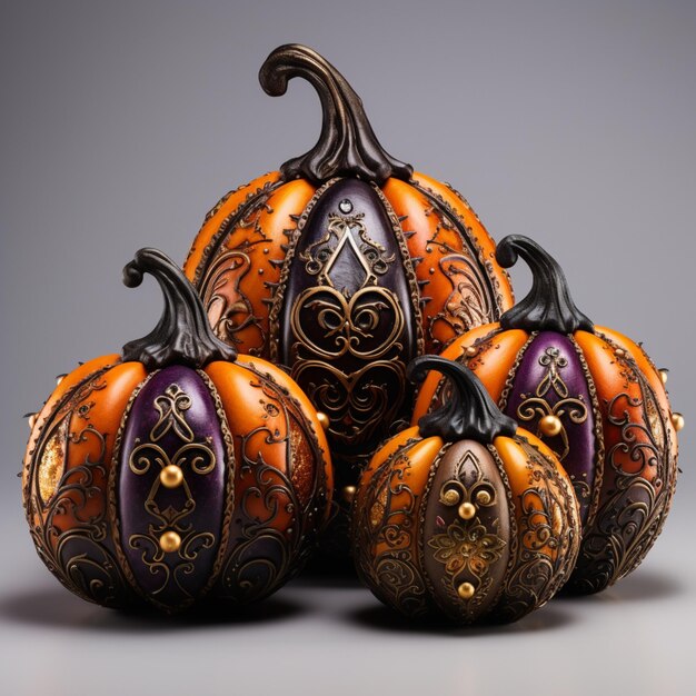 Three decorative pumpkins with ornate designs are sitting on a table generative ai