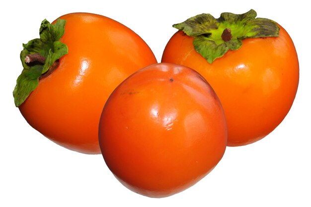 Three delicious persimmon fruits on an isolated white background