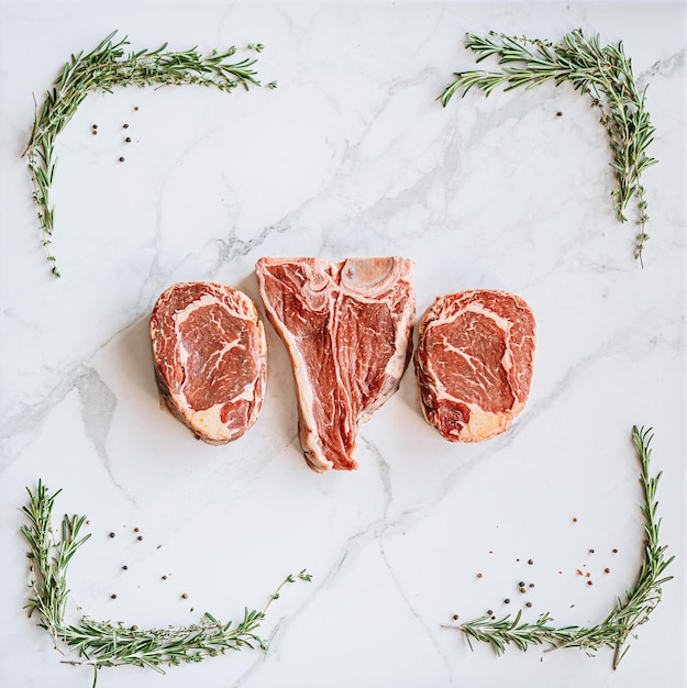 Three delicious steaks ready to grill on a white marble surface