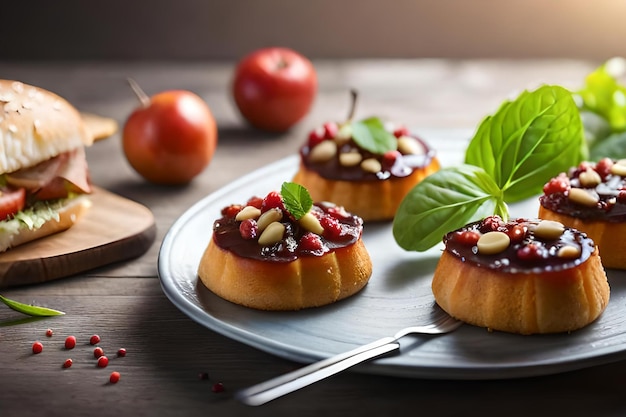 Three desserts with cherry on top on a wooden table