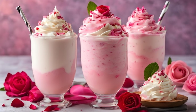 Photo three desserts with pink and white flowers in a glass