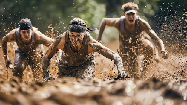 Three determined people competing in an obstacle race covered in mud and pushing themselves to the limit