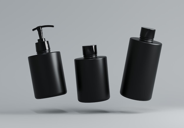 Photo three different black plastic cosmetic product floating bottles set template on gray background d re