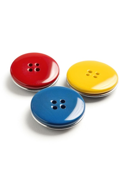 Photo three different colored buttons on a white surface suitable for fashion or diy projects