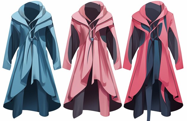 three different colored coats with hoods on a white background generative ai